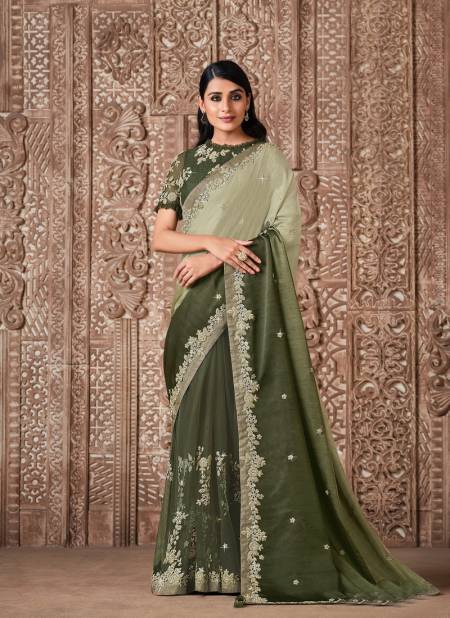 Olive Colour Latest Designer Fancy Festive Wear Embroidery Work Heavy Saree Collection 21720